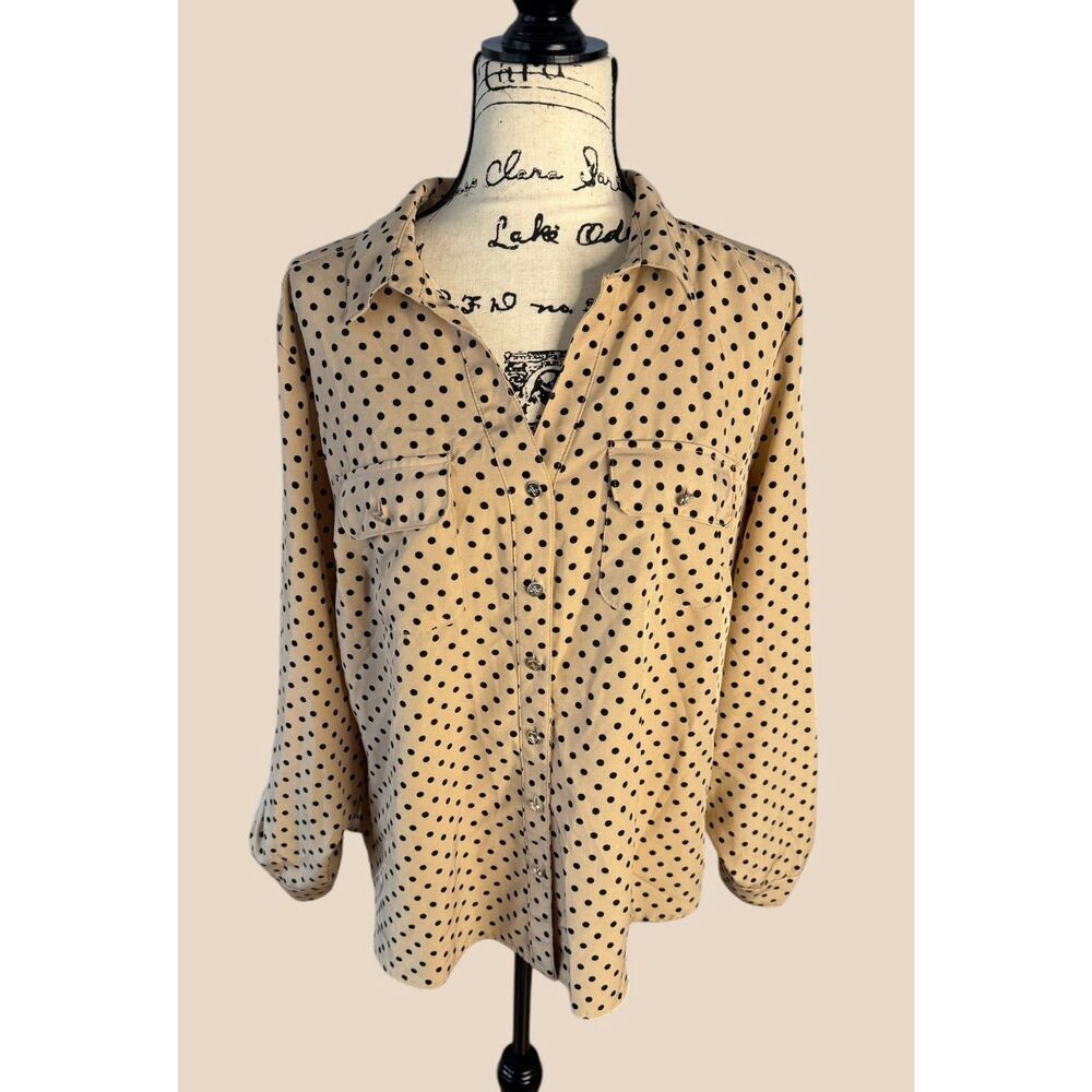 Adrienne Vittadini Polka Dot Button Front Blouse Tan Black Roll Tab Sleeve XL